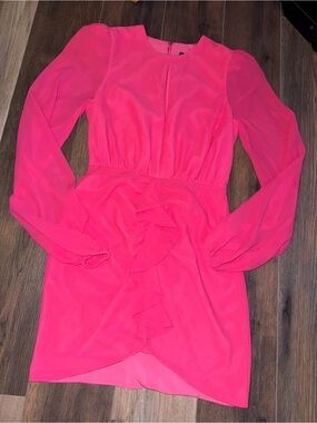 NBD Hot Pink Long Sleeve Ruffle Front Mini Dress